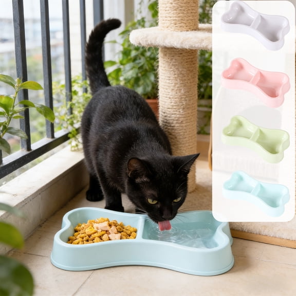 Double Bowl Pet Feeder | Bones-Shaped Litterless Food & Water Dish | Durable Plastic | Blue, Green, Gray, Pink | 24.5x12.5x3cm | Spill Resistant | Integrated Compartments | Lightweight