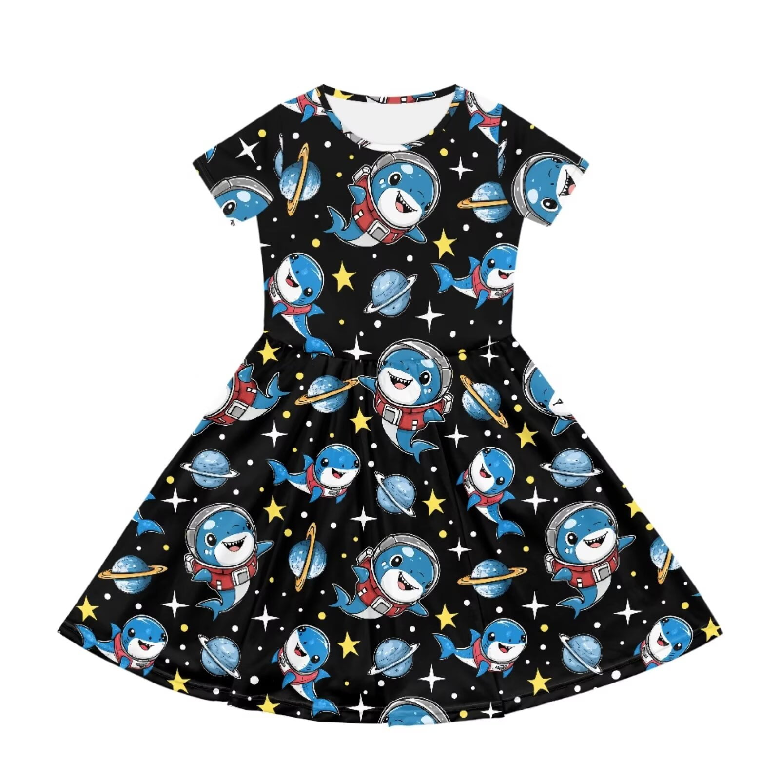 Uourmeti Shark Dresses for Toddler Girls Cute Short Sleeve Swing Dress Summer Soft O Neck Knee Length A-Line Dresses with Pockets