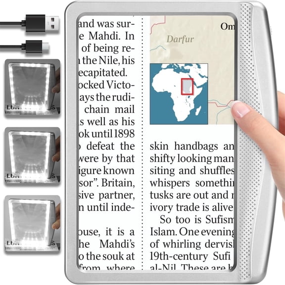Rechargeable Magnifying Glass for Reading, Large Bright LED Lighted Full Page Magnifier, Lightweight Rectangular Handheld Magnifier with Light for Reading Small Prints for Seniors
