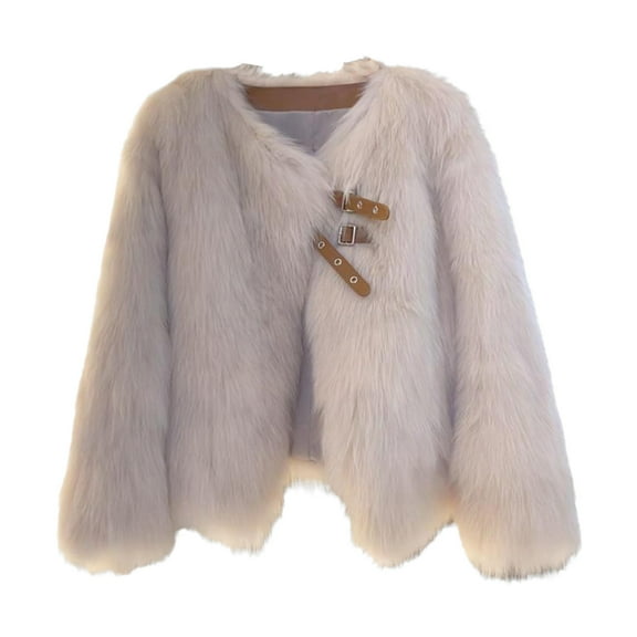 Auutmn Winter Lady Cardigan Coat Furry Plush Buckle And Strap Decor V Neck Long Sleeves Thickened Solid Color Faux Fur Knitted Sweater Jacket