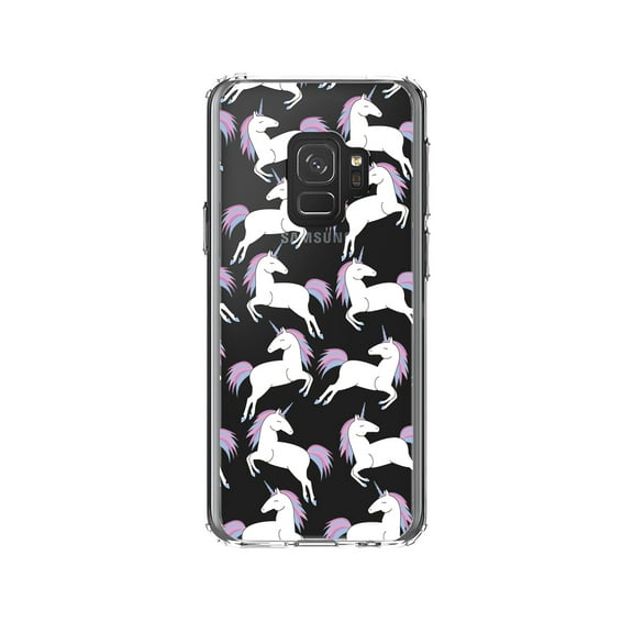 DistinctInk Clear Shockproof Hybrid Case for Samsung Galaxy S9 (5.8" Screen) - TPU Bumper, Acrylic Back, Tempered Glass Screen Protector - Repeating Pastel Unicorns