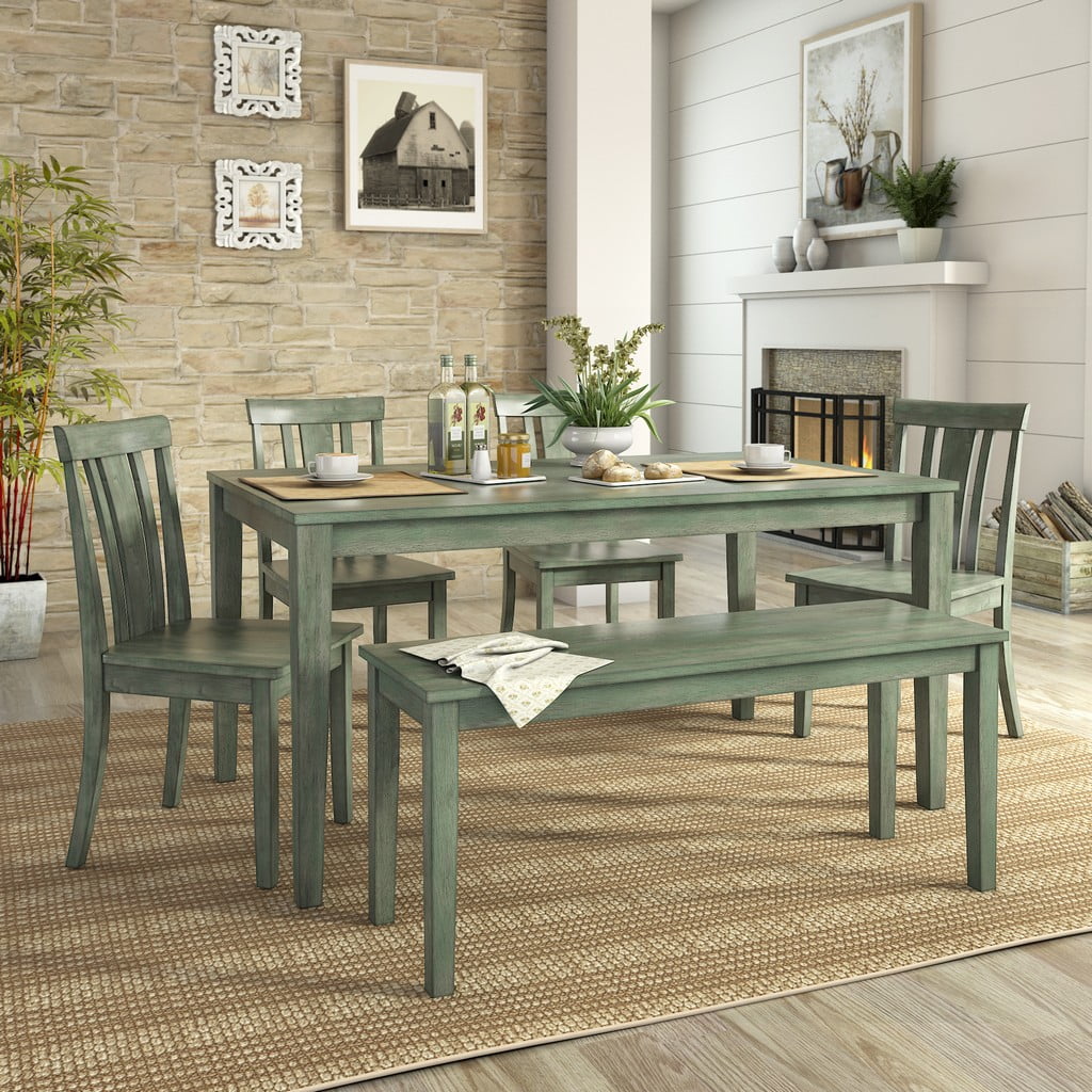 Lexington 6Piece Dining Set with 60" Dining Table, Bench and 4 Slat Back Chairs, Antique Sage