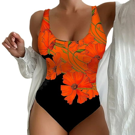 Blphud Sexy Swimsuits for Women 1 Piece Sets Bikini Sexy Floral Print Backless One Bodysuit Form Fitting Swimsuit Swimsuit Bottoms Sexy Swimsuit for Women Orange L