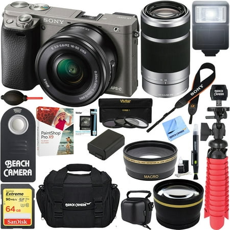 Sony Alpha a6000 24.3MP Interchangeable Camera 16-50mm & 55-210mm Zoom Lens (Grey)+ 64GB Accessory Bundle + Large Gadget Bag + Extra Battery+Wide Angle Lens+2x Telephoto Lens +Flash +Remote