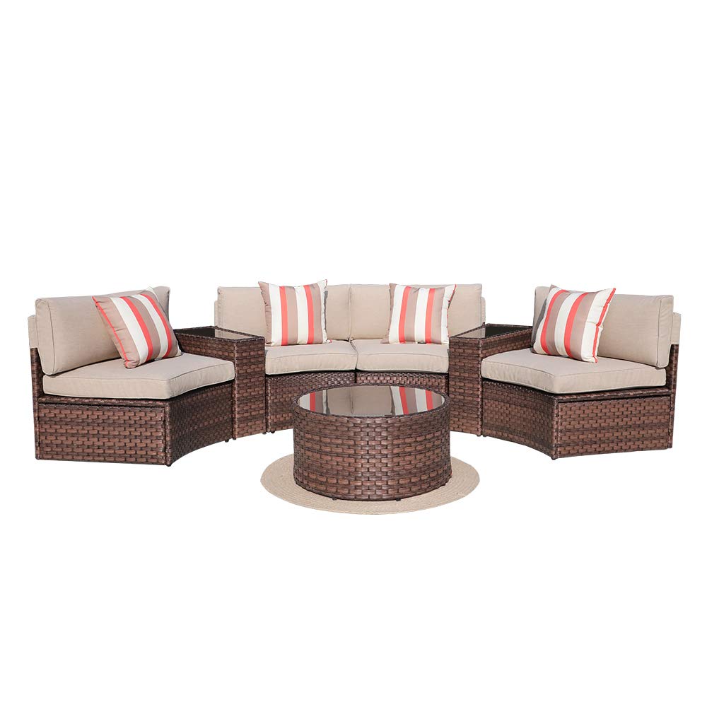 Orange-Casual Patio Furniture 7-Piece Sectional Set, Curved Sofa Set, Beige Cushion and Brown Wicker - image 3 of 8