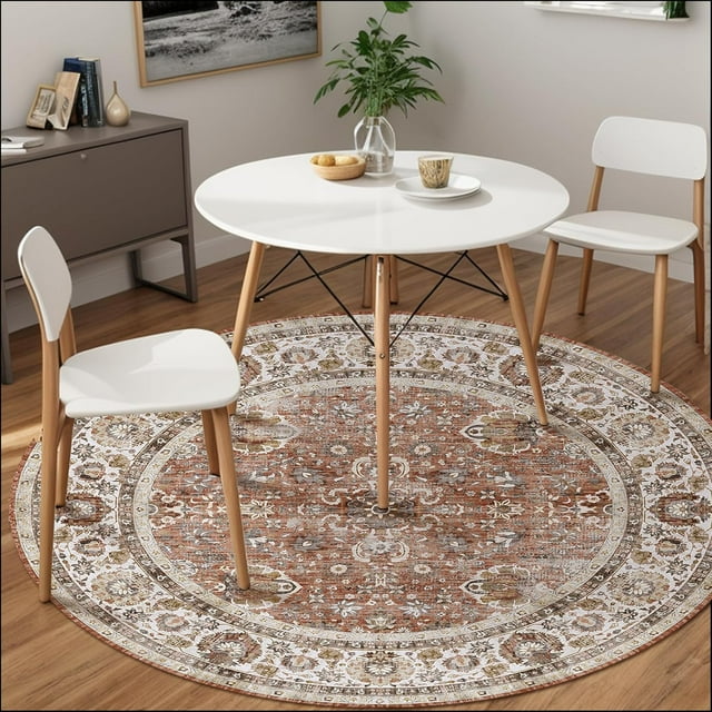 Boho Vintage Round Rug ft- Faux Wool Dreely Washable Area Rug Small Distressed Throw Rugs Floor Carpet for Door Mat Entryway Bedrooms Laundry (Round - ; Diameter Border )