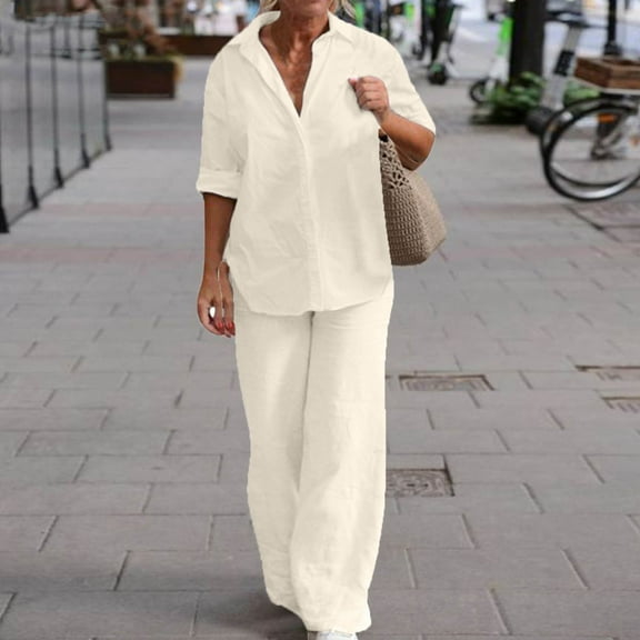 Women's 2 Piece Outfits Clearance 2PC Fashion Woman Round Neck Solid Long Sleeve Blouse Loose Pockets Pants Sets Wide Leg Pants