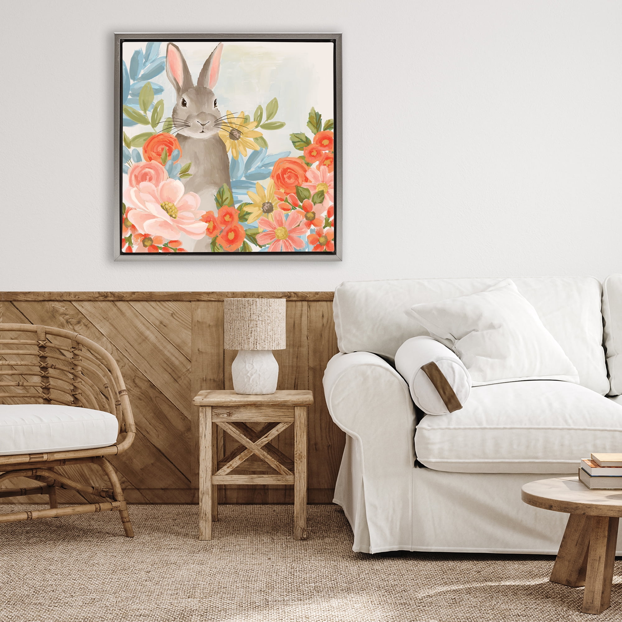 Stupell Industries Bunny Among The Blooms Gray Framed Floater Canvas Wall Art, design by Cat Thurman Designs