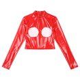 thumbnail image 5 of Top Sexy ceñido al cuerpo con cremallera en la espalda y pecho abierto para mujer, Top de charol brillante, Top corto de manga larga con cuello simulado para discoteca, 5 of 5