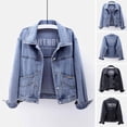 thumbnail image 2 of Women Jacket Turn-down Collar Long Sleeve Single-breasted Solid Color Buttons Embroidery Pockets Short Type Denim Hip Hop Streetwear Lady Coat, 2 of 7