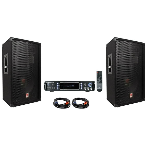 (2) Rockville RSG12.4 12” 3-Way 1000w DJ PA Speakers Bluetooth Amplifier Cables