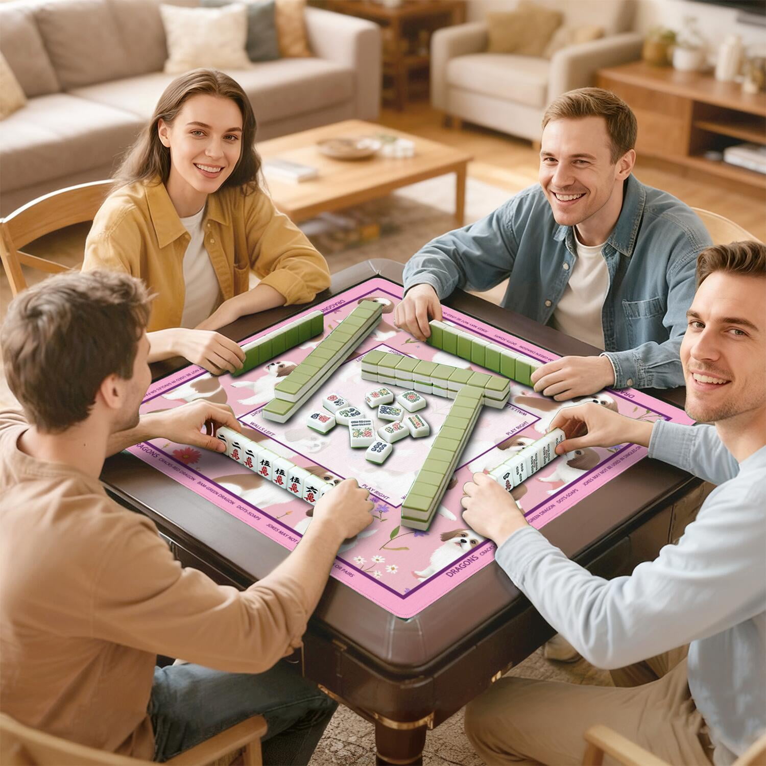 Pink Mahjong Mat with Rules, 31.5*31.5in Anti Slip American Mahjong Mat for Table, Noise Reduction, Neoprene Mah jongg Mats with Carrying Bag & 3 Dices, Mahjong Supplies Gift, Board Tile Games Mats