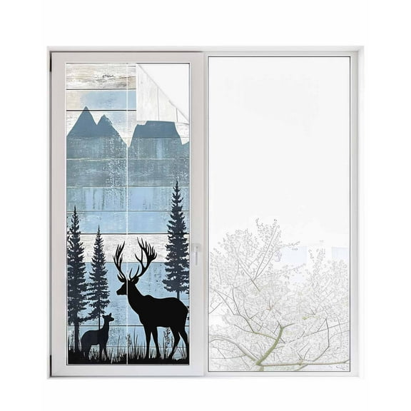 Window Privacy Film Farmhouse Deer Stained Glass Window Film Decorative Sun Block Window Cover Vintage Country Forest Mountain Wooden Window Clings Static Adhesive Sticker for Bathroom 29.5"x78.7"