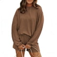 thumbnail image 2 of Women's 2 Piece Loungewear Set Long Sleeve Crew Neck Oversized Tops Drawstring Shorts, Ribbed Knit Casual Daily Wear Brown S, 2 of 5