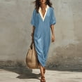 thumbnail image 2 of YuXingFu Plus Size Dresses for Curvy Women Maxi V-Neck Plus Size Womens Dress Elbow-Length Solid Color Slim Fit Long Casual Summer Blue S, 2 of 8