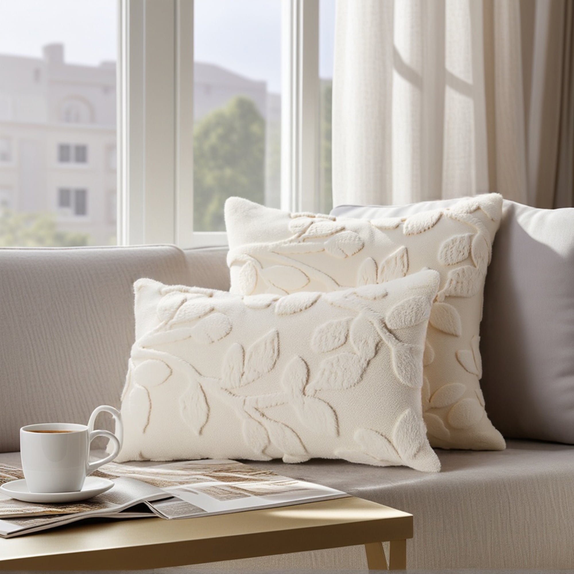 Unique Bargains Pack of 2 Leaf Jacquard Plush Pillow Covers for Bedroom 20" x 20" White