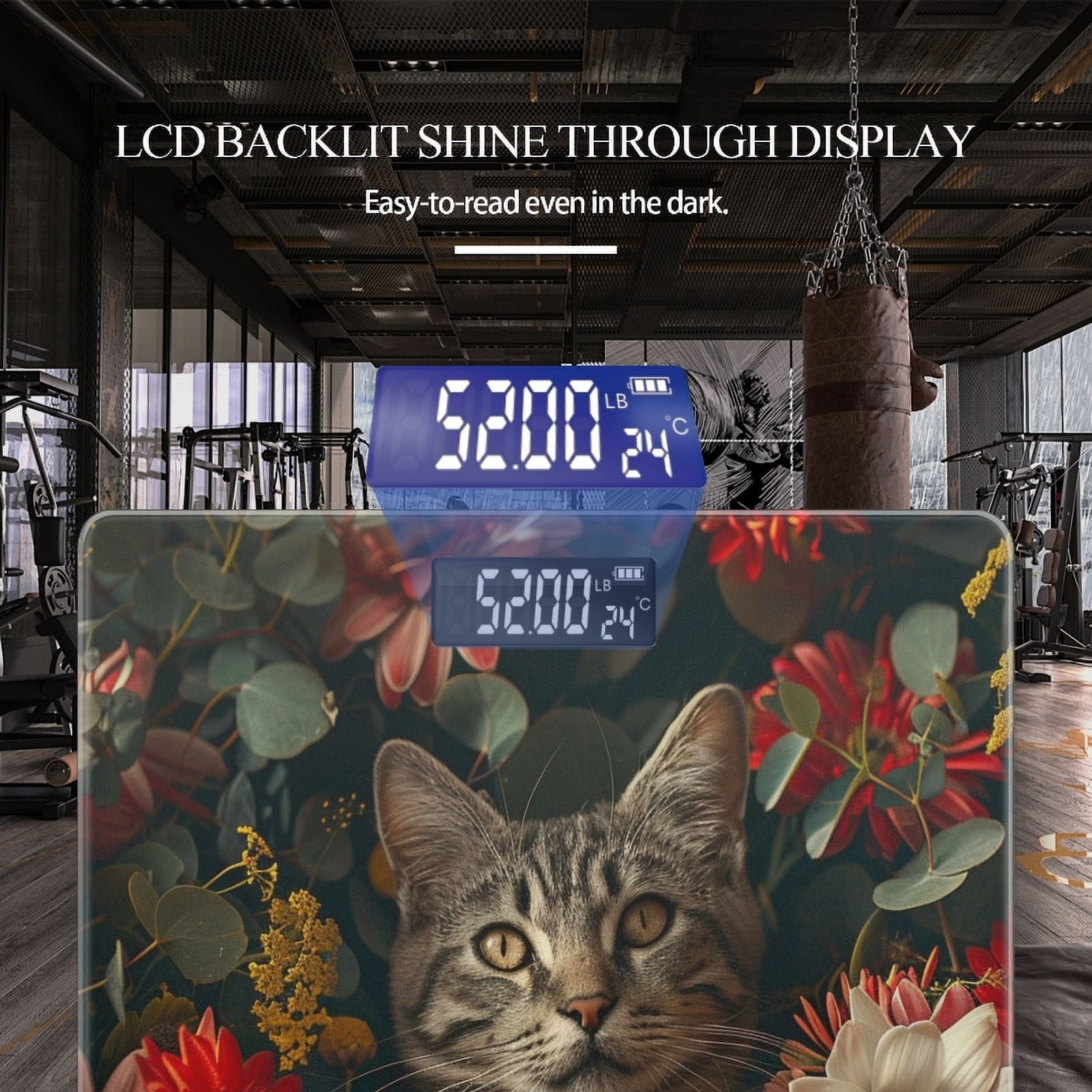 Bathroom Scale, Highly Accurate Digital Body Scale,Precisely Measures Weight up to 400 lbs-Gray Tabby Cat Surrounded By Colorful Flowers