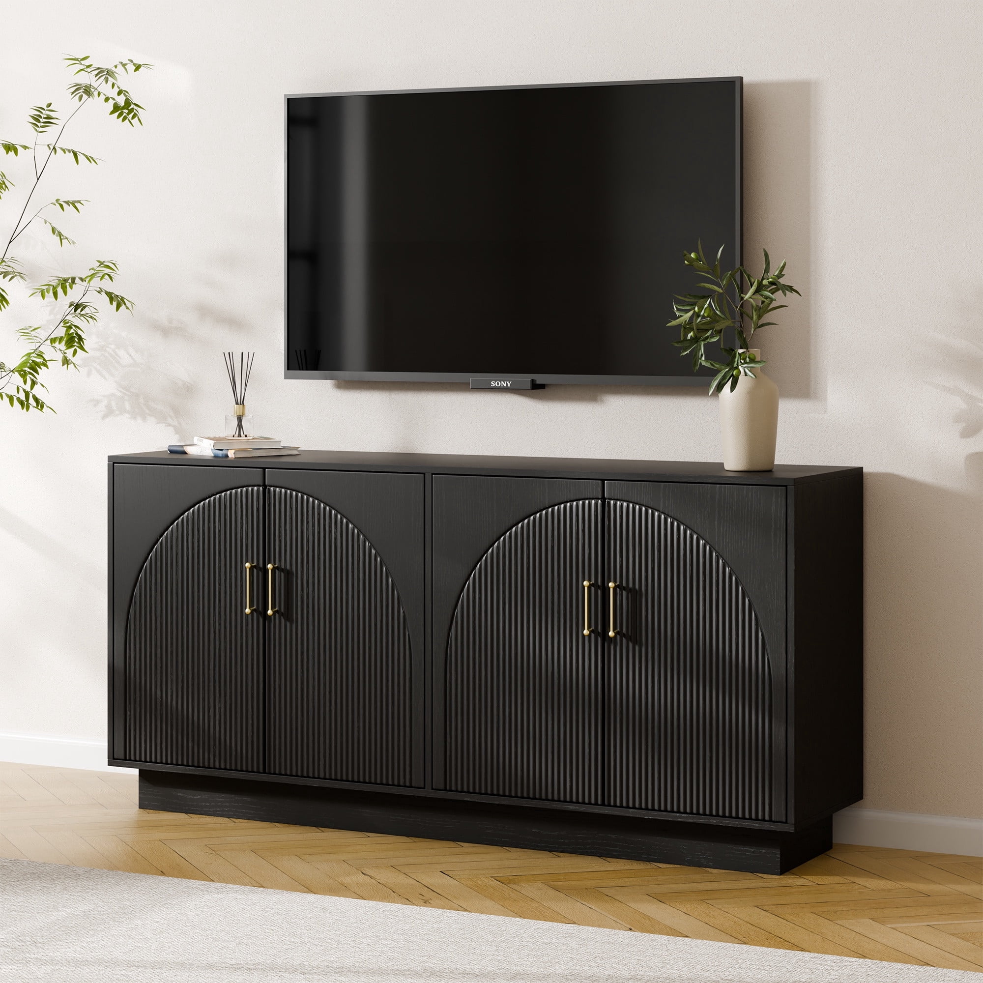 Mid-Century Fluted TV Stand with Storage Fits TVs up to 75", Entryway Console, Sideboard, Ebony Black