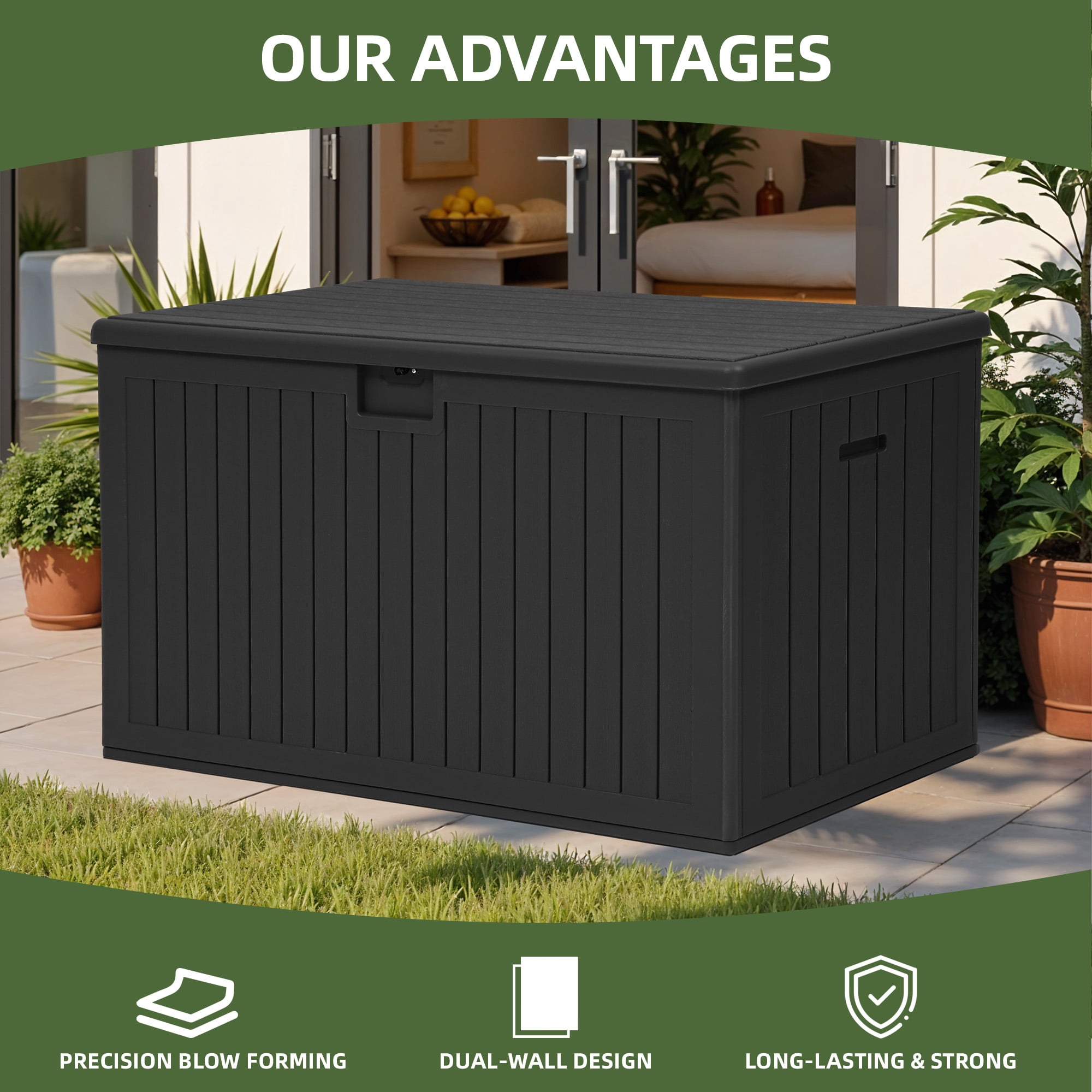 Uforic 180 Gallon Extra Large Outdoor Deck Box, Double-Wall Resin Storage Box with Flexible Divider, Lockable,‎Weatherproof,Black