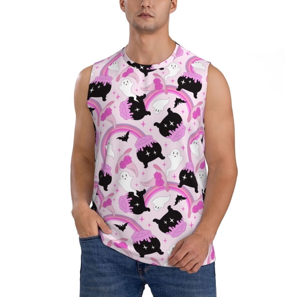 Fotbe Pink Girl Halloween Men's Camiseta sin Mangas Estampada para Hombres, Playera Casual para Gimnasio, Entrenamiento, Playa-3X-Large