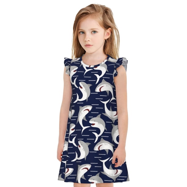 Balery Angry Shark Camisón de princesa para niñas, pijama de algodón con mangas abullonadas, suave y bonito.-Small
