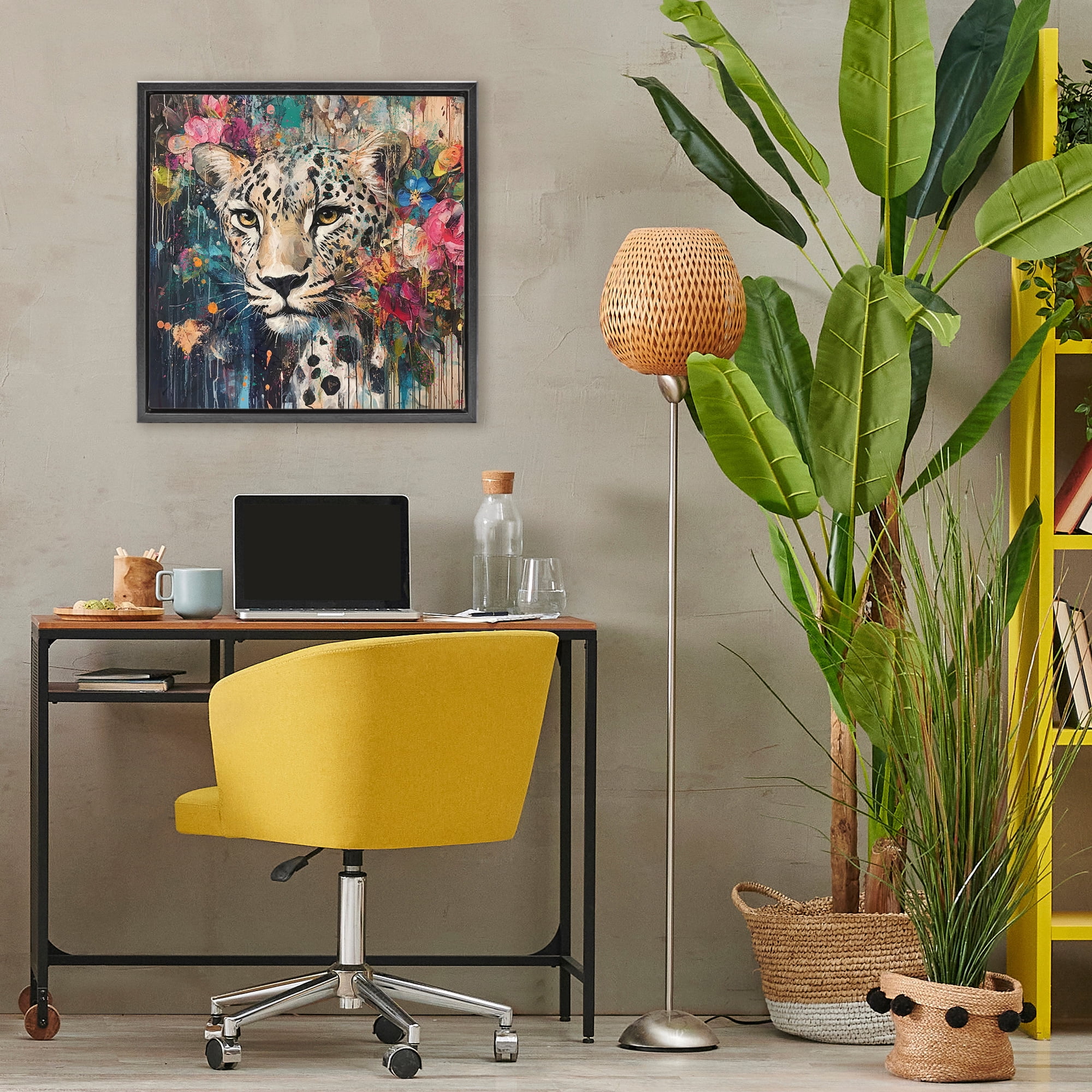Stupell Industries Cheetah & Exotic Blooms Black Framed Floater Canvas Wall Art, design by Marta Wiley