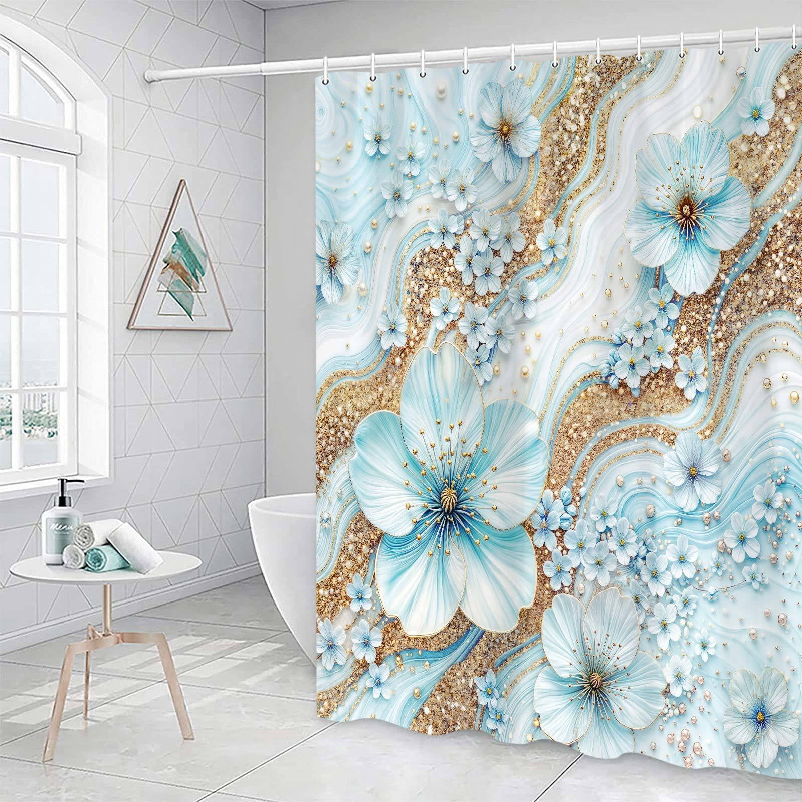 Blue Luxury Light Floral Shower Curtain, Elegant Boho Bathroom Decor, Cherry Blossom with Gold Glitter Marble Texture, Waterproof Washable Fabric Shower Curtain Set with Hooks,70X75in