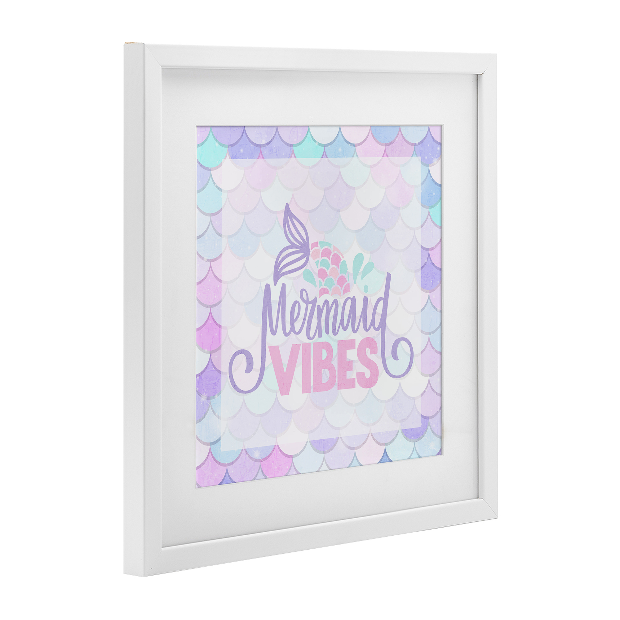 Pastel Mermaid Vibes White Framed Print Under Glass, design by Kim Allen