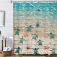 thumbnail image 2 of Sea Turtle Shower Curtain Kids, Turtles and Starfish at Ocean Sandy Beach on Rustic Vintage Teal Wood Board Farmhouse Shower Curtain for Bathrrom, Sea Creatures Nautical Life Bath Curtain, 70"X70", 2 of 6