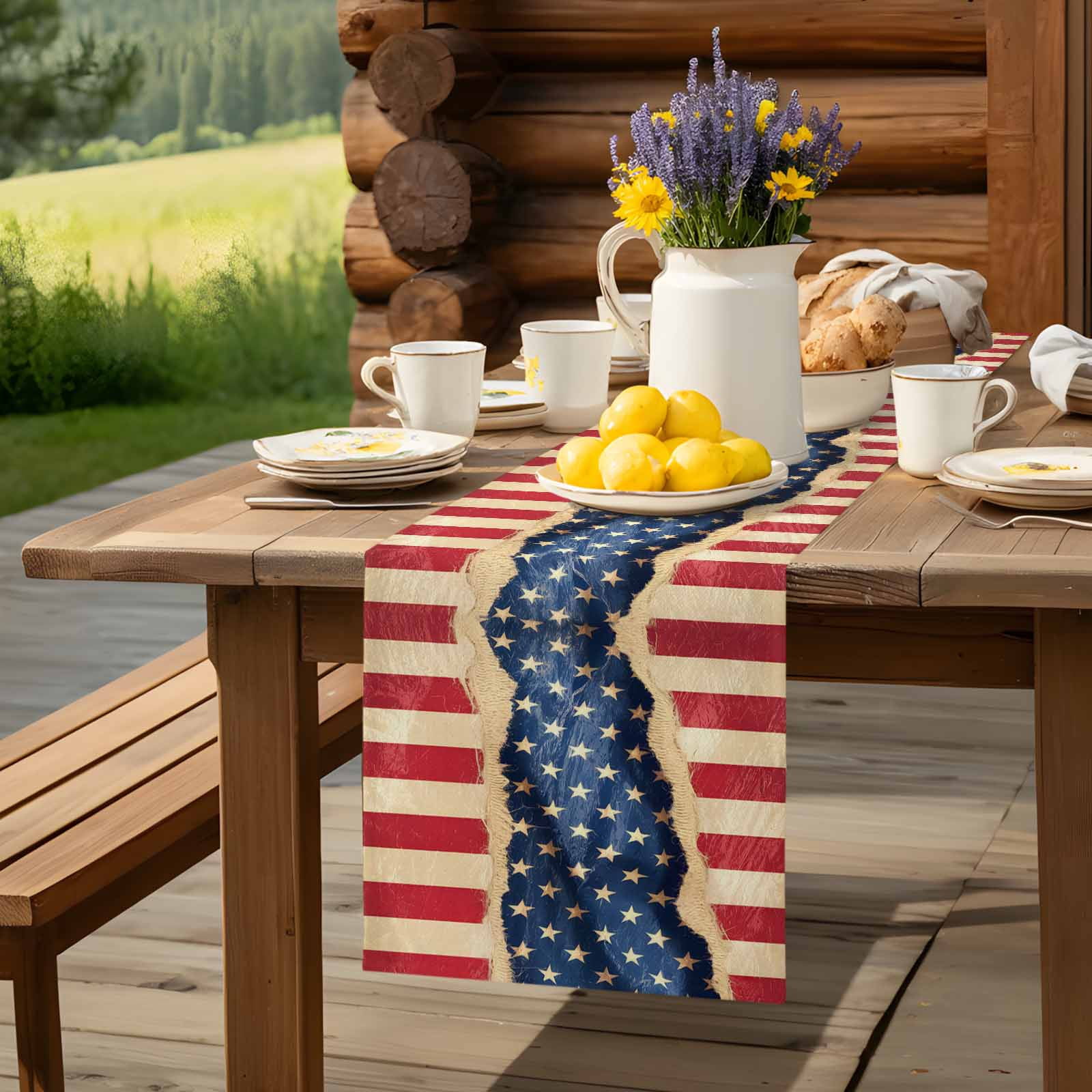 4th of July Patriotic Star Stripe Table Runner 90 Inches Long, Retro USA Flag Memorial Day Table Runners Tabletop Scarf Kitchen Dining Tables Decoration for Home Party Indoor Outdoor