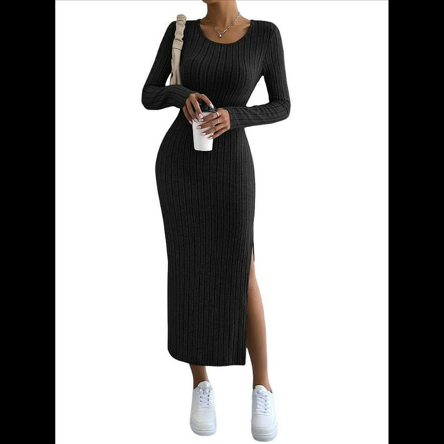 Vestidos Largos de Otoño para Mujer, de Larga, Informales, de Punto Acanalado, Ajustados, Elegantes, con Cuello Redondo y Abertura Lateral Negro XS