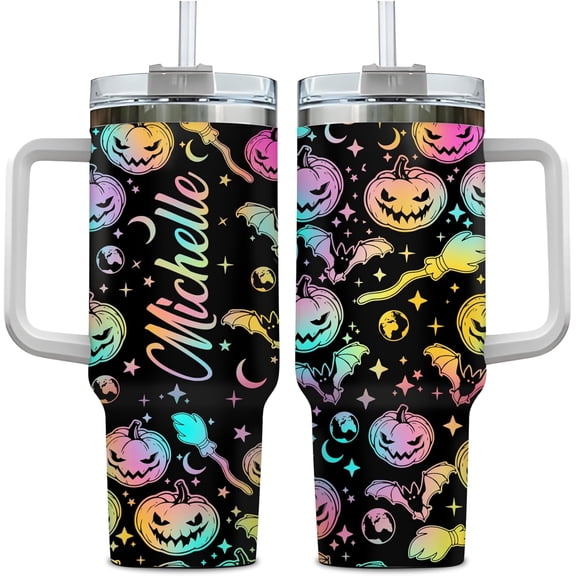 Personalized Halloween Tumbler - Halloween Ghost Gift For Her Women - Spooky Pumpkin Tumbler - Bat Tumbler - Birthday Halloween - Custom Name Travel Coffee Cup 40oz With Lid And Straw