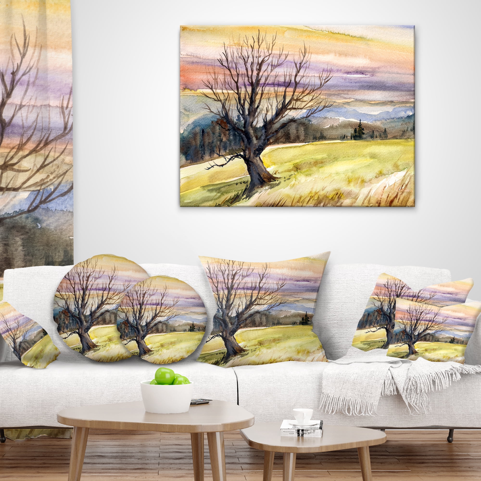 Designart Tree Without Leaves at Sunset - Trees Painting Throw Pillow - 18x18