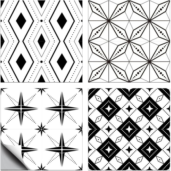 36 Pcs 4 Style Tile Stickers Style Peel and Stick Wall Tile Stickers Black Geometric Patterns Waterproof Self Adhesive Stick on Tiles Decals for Bathroom Wall Art Decor 4×4 Inch