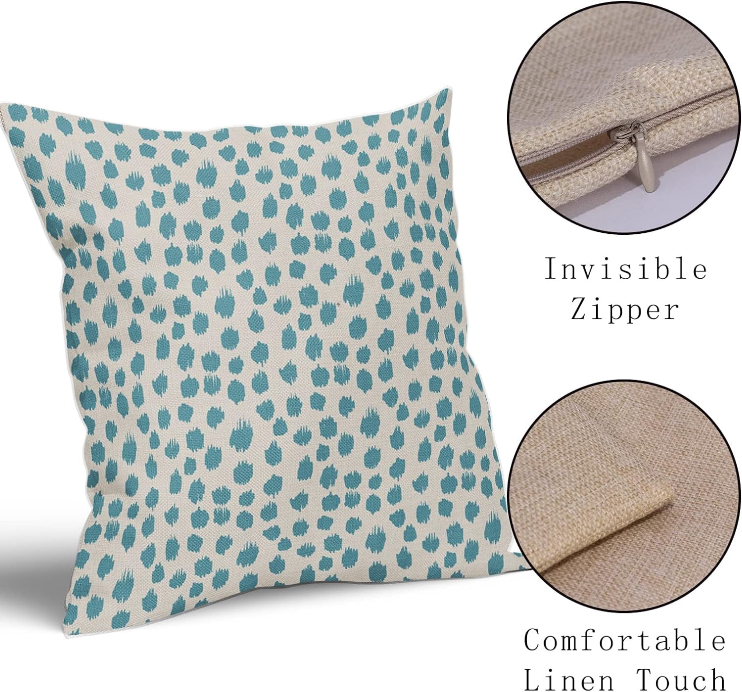 Aqua Cream Pillow Covers 16x16 Set of 2 Boho Design Polka Dot Throw Pillows Modern Brush Strokes Print Decorative Pillowcase Square Cushion Cover Linen Case for Home Sofa Couch Bed