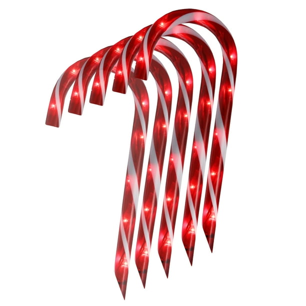 Set of 10 Red Lighted Outdoor Candy Cane Christmas Lawn Stakes 12