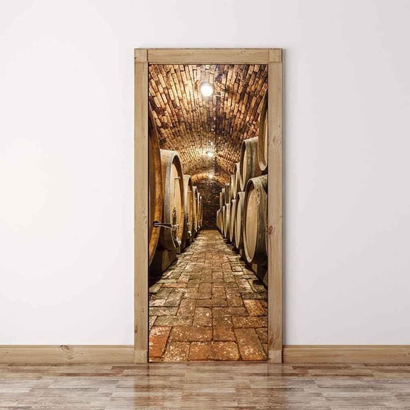 3D Door Sticker Wine Cellar Photo Mural Trompe l'oeil Wall Stickers PVC Waterproof Wallpaper for Bedroom Bathroom Kitchen Decoration Door Stickers, 77x200cm