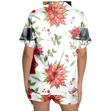 JIANJIA Womens Pajama Sets Christmas Snowman Print Silk Satin Lapel Short Sleeve Tops With Shorts Sleepwear Daily-Wear