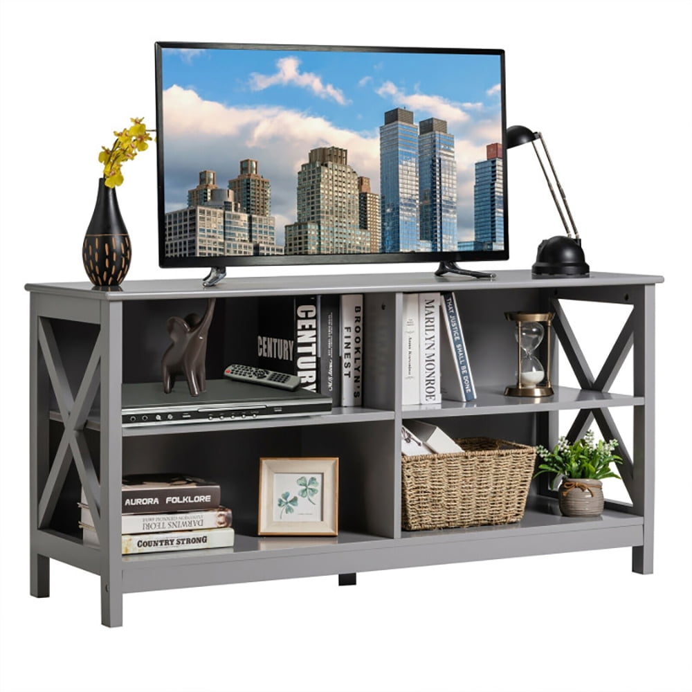 Finihen TV Stand, TV Cabinet, Wooden TV Stand Entertainment for TVs up to 55 Inch with X-Shaped Frame, Media Entertainment Center with Storage, for Living Room, Bedroom, Gray