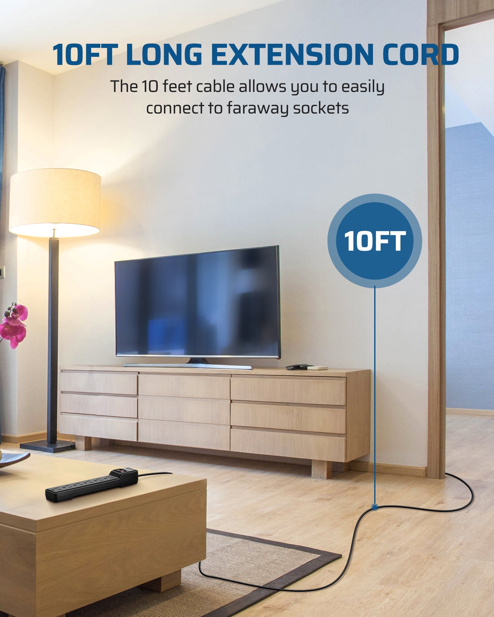 DEWENWILS 6-Outlet Surge Protector Power Strip with 10ft Long Extension Cord, Low Profile Flat Plug, 500 J, Black