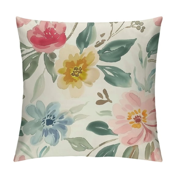 PHYHOO Spring Floral Pillow Covers Cute Watercolor Yellow Pink Blue Flower Leaf Print Decorative Throw Pillows Spring Rustic Farmhouse Cushion Case Decor for Couch Sofa Bed