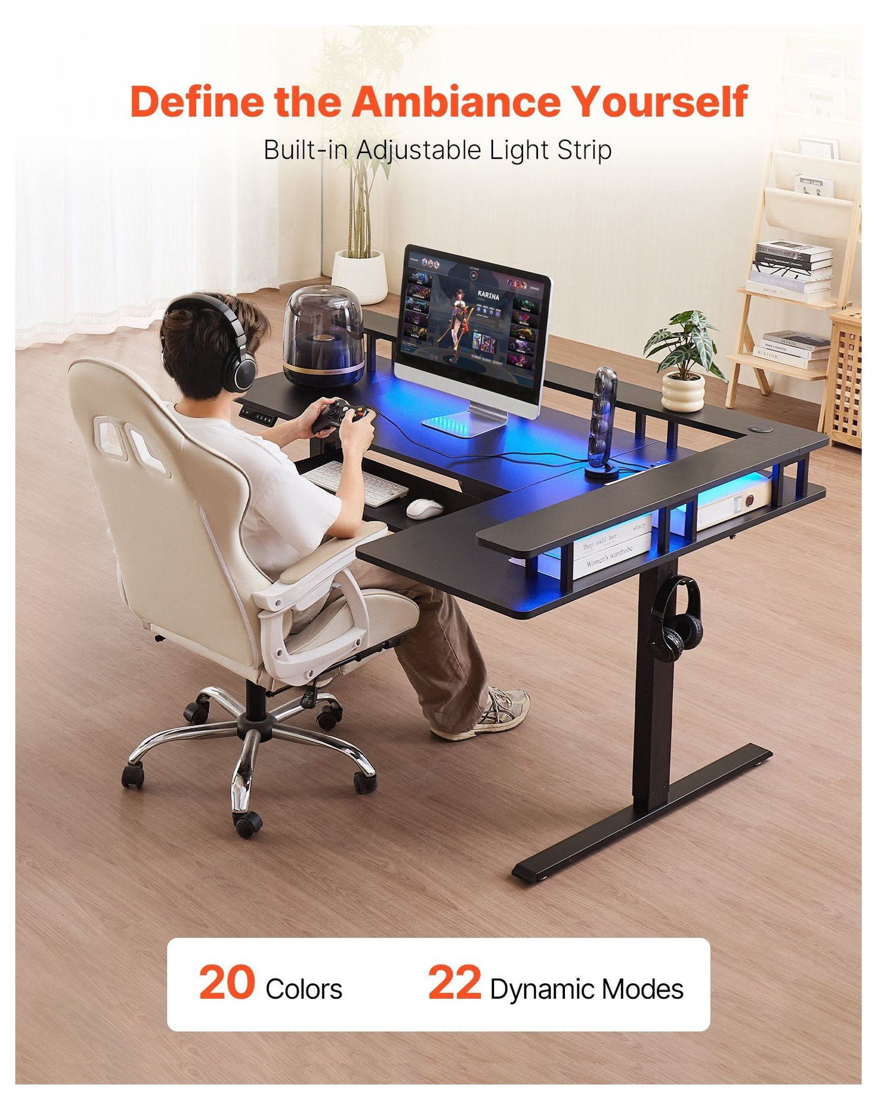 L Shaped Desk Electric Adjustable Height Corner Desk with Keyboard Tray, 63.1" Gaming Desk, Standing Desk with LED Lights & Power Strip, Home Office Computer Desk