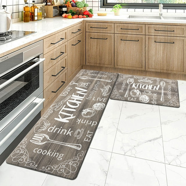 MeyJey Anti Fatigue Kitchen Rugs and Mats, 2 PCS Non-Slip Waterproof Runner Rug and Mat Set, Brown