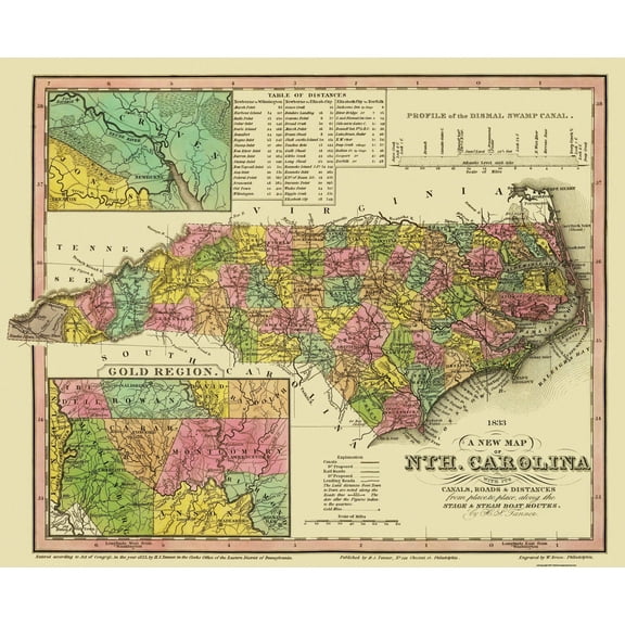 Historic State Map - North Carolina - Tanner 1833 - 28.13 x 23 - Vintage Wall Art