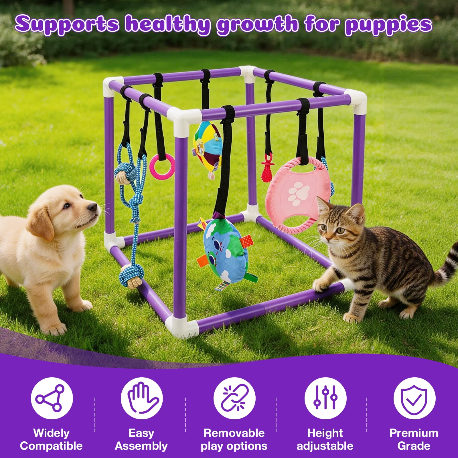 Austok Puppy Play Gym with 8 Hanging Toy Removable Dog Enrichment Playground Interactive Indoor Training Activity Center for Small Dog and Puppy PVC Frame