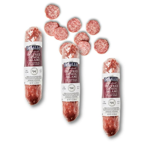 DeLallo Genoa Salami, Italian Dried Sausage, Nitrate Free, 9 oz Stick, (3 Pack)