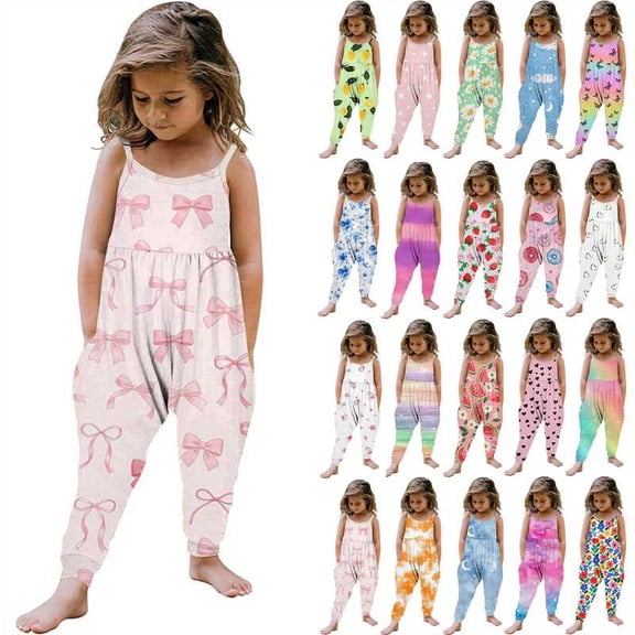 Yeaiivve Toddler Girls Jumpsuit Kids Cute Printed Romper Summer Casual Backless Jumpsuits Sleeveless Baggy Comfy Playsuit with Pockets for 1-6Y