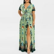 QWANG Plus-Size Butterfly Print Maxi Dress for Women Cinched Waist High-Slit Dress