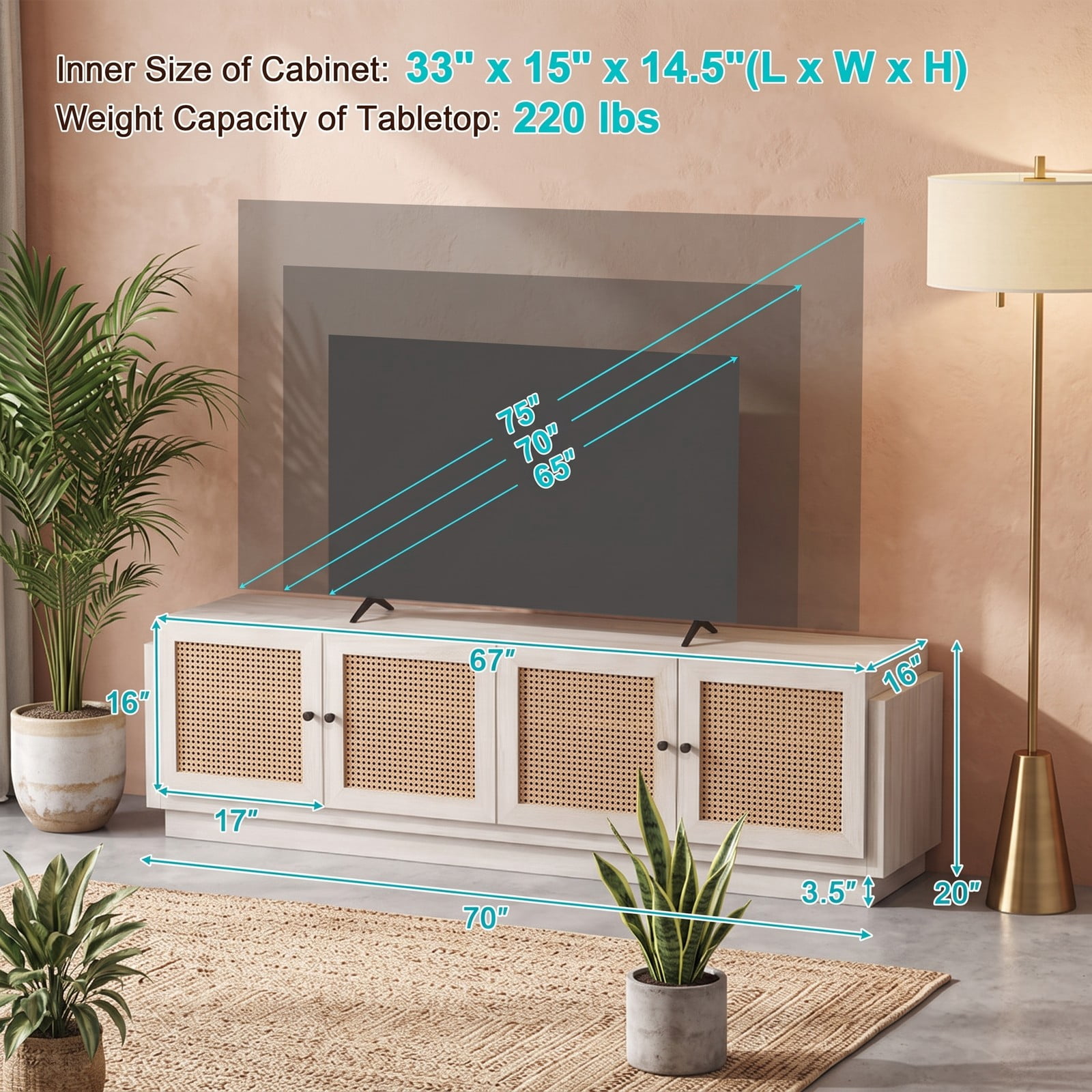 Furnibear Farmhouse TV Stand for TVs up to 75 Inches, 70 Inch Entertainment Center with PE Rattan Cabinet Doors and Adjustable Shelves, Rattan Media Console for, White