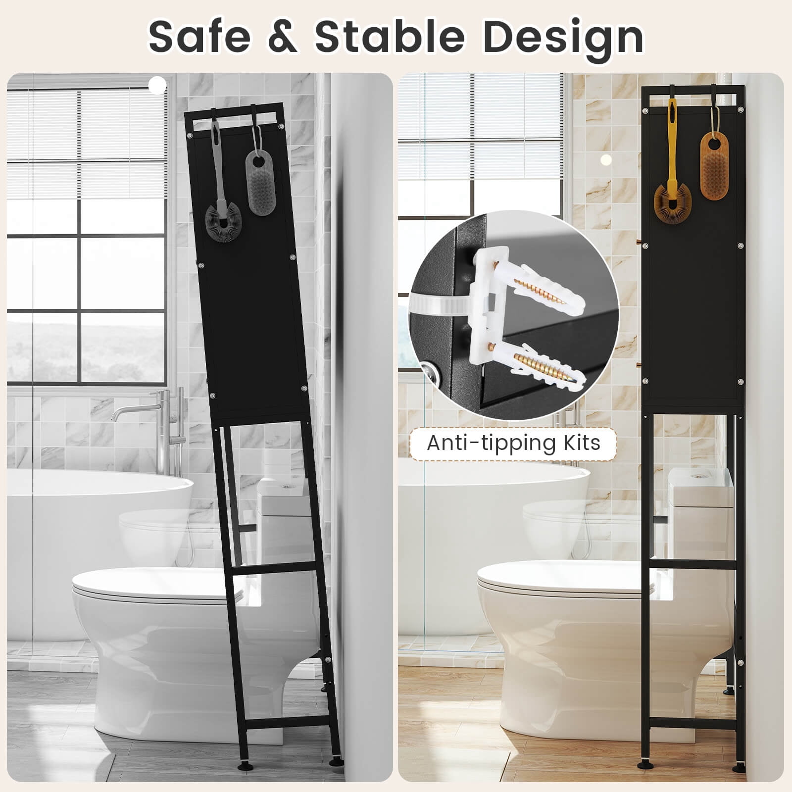 Costway 66” Bathroom Organizer with 2 Flip-up Cabinets, See-through Fluted Doors, 4 Hooks Black